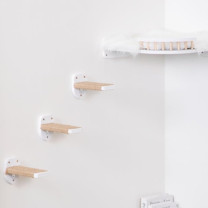 3pcs Wall Mounted Cat Steps, Climbing Furniture, Shelves With Hemp Rope Covered, Solid Wood Ladder for Playing and Climbing (Standard-White)-PurrikoPets