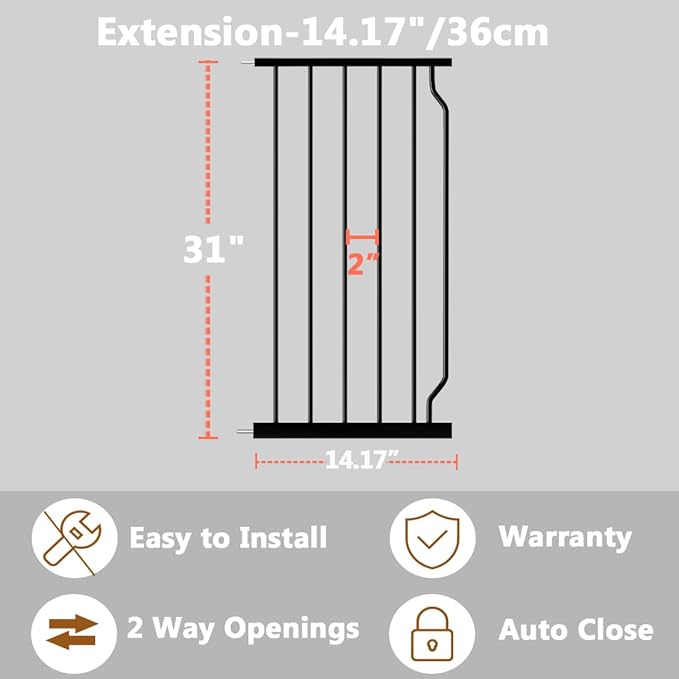 Fairy Baby Safety Gate 14.17 inch Extension for Extra Wide Baby Gate Dog gate Pressure Mounted Walk Through Pet Gate Black-PurrikoPets