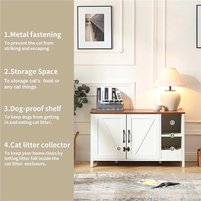 41.3'' Cat Litter Enclosure,Adjustable Shelf for Dog Proof and Storage,Locks Added for Cat, Litter Collector,Small Indoor Cat House,Antique White-PurrikoPets