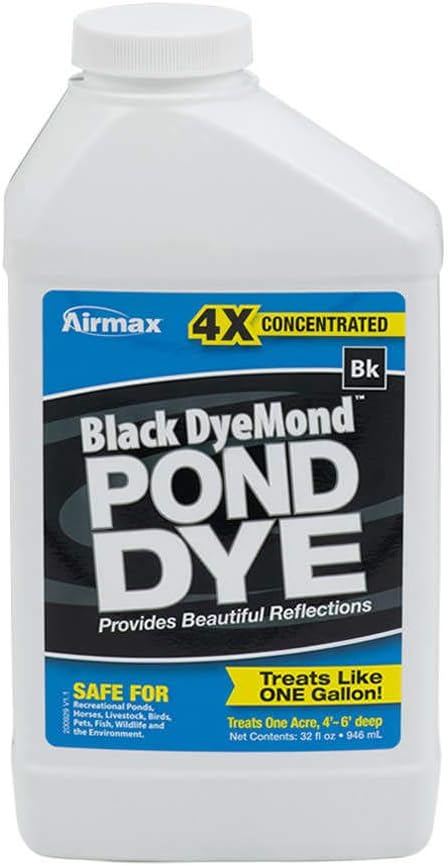 Airmax Black DyeMond Pond Dye 4X Concentrate for Outdoor Ponds & Lakes, Natural Pond Colorant & Beauty Enhancer, Block Ultraviolet Rays, Fish, Bird & Livestock Safe, Easy Liquid Application, 1 Quart-PurrikoPets