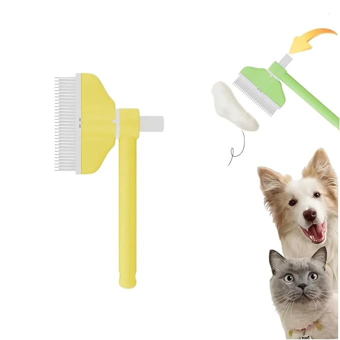 360° Press and Rotate Flea Comb for Cats and Dogs - Self-Cleaning Pet Hair Removal Tool with Release Button & Long-Short Stainless Steel Teeth for Shedding (Yellow)-PurrikoPets