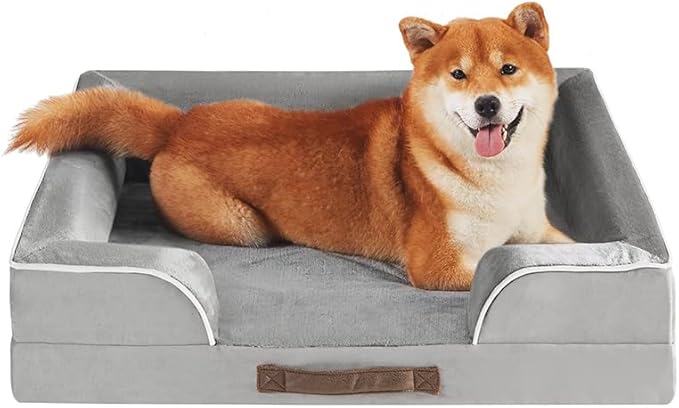Friends Forever Orthopedic Dog Bed for Medium Dogs, Waterproof Memory Foam Dog Sofa Bed M with Removable Washable Cover, Ally Grey, 28x23x6.5-PurrikoPets