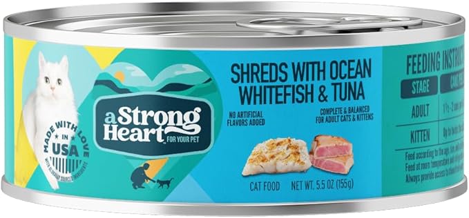 A Strong Heart Canned Wet Cat Food, Shreds with Ocean Whitefish & Tuna - 5.5 oz Cans (Pack of 24), Made in The USA with Real Ocean Whitefish & Tuna-PurrikoPets