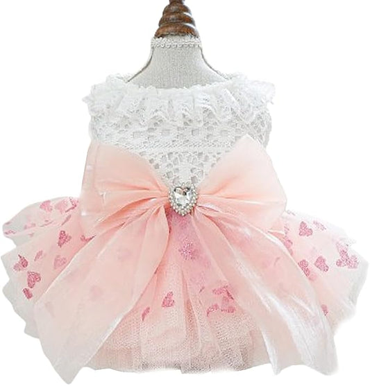 Dog Princess Dress with Heart Patterns & Bow Puppy Clothes for Small Dogs Girl Fancy Cat Birthday Outfit Pet Wedding Dresses (Pink White, Small)-PurrikoPets