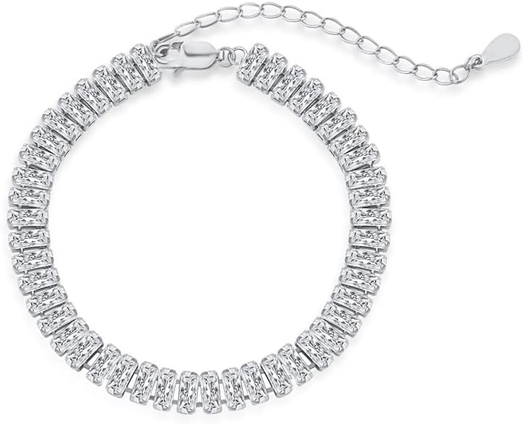 Solid Gold over S925 Sterling Silver Rectangle Cut Moissanite Tennis Bracelet, Geometric Adjustable Link Design, Trendy Gift for Fashion-Forward Women