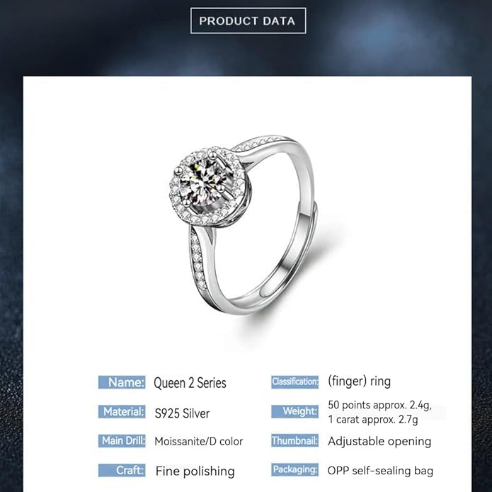 1CT/2CT Queen series moissanite ring, 952 silver, D-color VVS1-2,open rings,adjustable rings for women，Diamond ring substitute, ring for women.