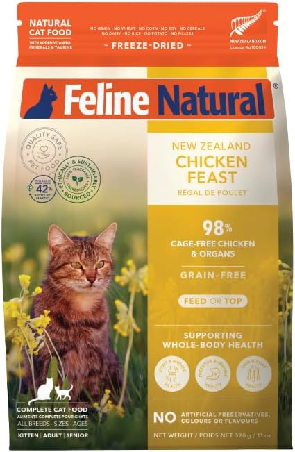 Feline Natural High Protein Dry Cat Food, Freeze-Dried Diet with 98% Meat, Organs & Seafood, No Peas, Grains, or Artificial Additives, Made in New Zealand, Chicken, 11oz-PurrikoPets