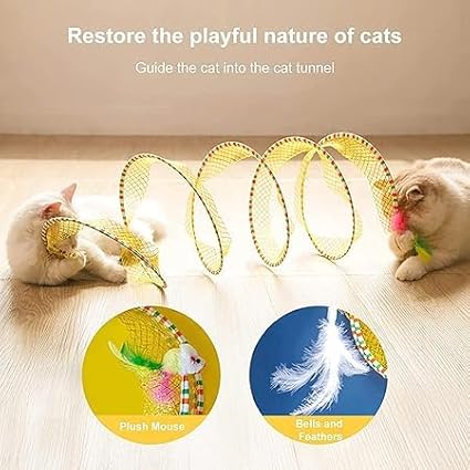 Folded Cat Tunnel Toy for Indoor Cats, 2 PCS Collapsible Pet Spring Cat Toys with Feather Mouse Upgrade Interactive Toy Playing Tent for Puppy Kitten Accessories Home-PurrikoPets