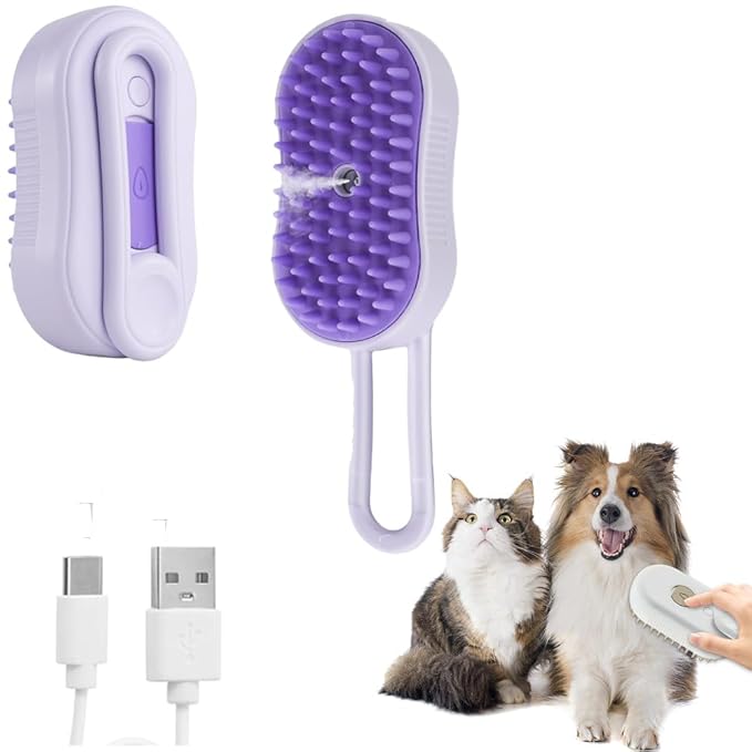 4-in-1 Cat Grooming Steam Brush, Pet Hair Shedding, Massage, Cleaning, Combing (purple)-PurrikoPets
