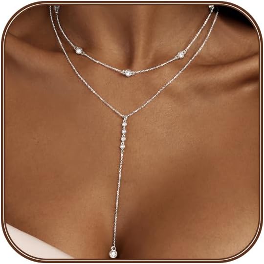 Lariat Silver/Gold Necklace for Women 925 Silver/14K Gold Plated Dainty Long Necklace Y-Shaped Drop Pendant Necklaces Choker Trendy Chain Simple Layered Necklaces CZ Jewelry for Women Set Gift