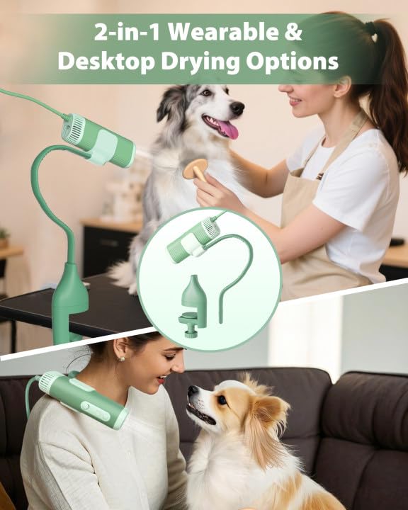 2-in-1 Hands-Free Dog Hair Dryer with Table Clamp – Low Noise Pet Grooming Dryer for Dogs & Cats, Adjustable Heat & Speed, Wearable or Desktop Use(Green)-PurrikoPets