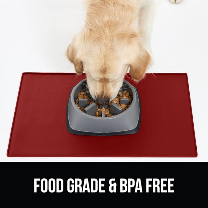 GORILLA GRIP 100% Waterproof Raised Edge BPA Free Silicone Pet Feeding Mat, Dog Cat Food Mats Contain Spills Protects Floors, Placemats for Cats and Dogs Water Bowl, Pets Accessories 23x15 Red-PurrikoPets
