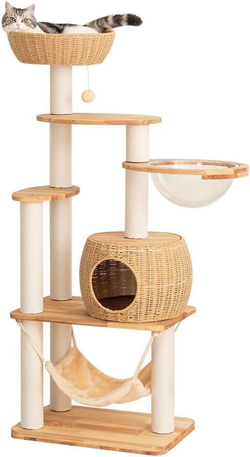 57'' Cat Tower for Large Cats, Manual Hand Woven Modern Multi-Level Condo with Natural Wood, Cat Activity Centre for Medium and Big Pets-PurrikoPets