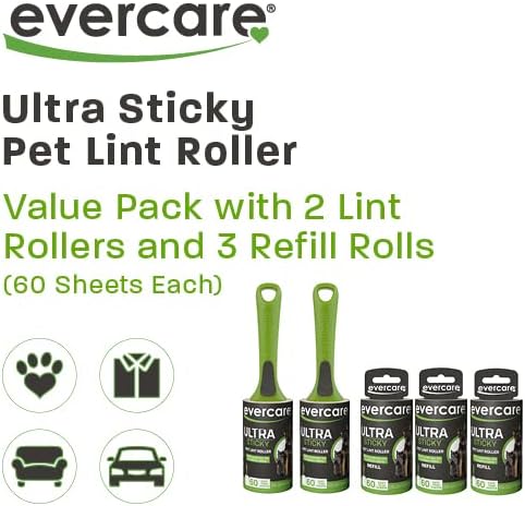 Evercare Ultra Sticky Pet Lint Roller Value Pack with 2 Lint Rollers and 3 Refill Rolls, 60 Sheets Each Multicolor-PurrikoPets