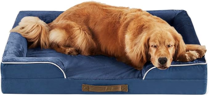 Friends Forever Orthopedic Dog Bed, Bolster Dog Bed with Memory Foam Pet Couch Sofa and Removable Washable Cover, Ally Navy, 42x32x7-PurrikoPets