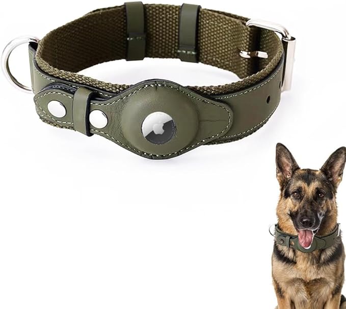 AirTag Dog Collar Soft Leather Webbing Dog Collar for AirTag Provides Double Protection for Small Medium and Large Dogs(Green,M)-PurrikoPets