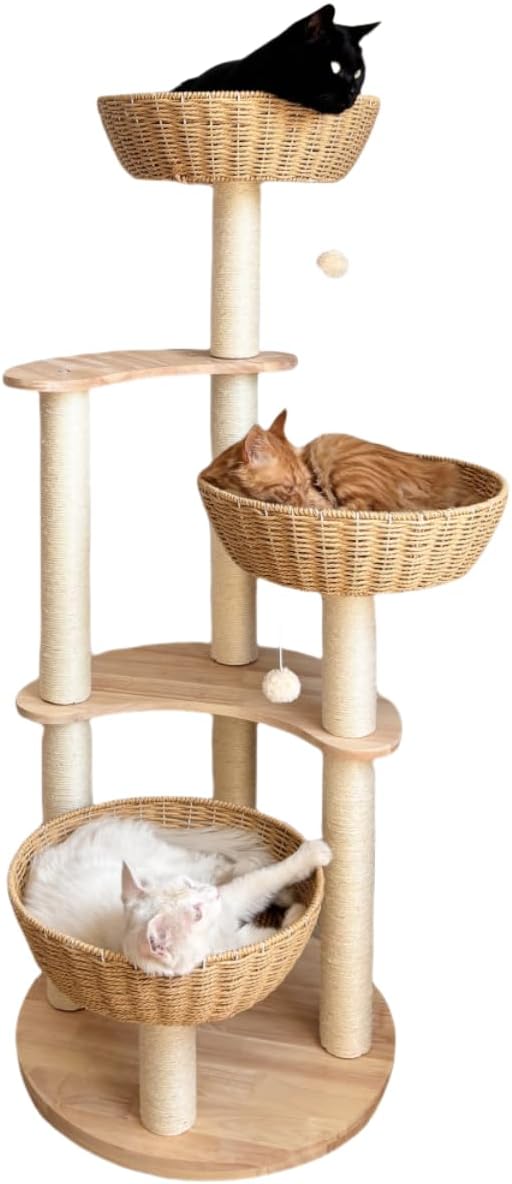 54" Large Modern Cat Trees, Luxury Rattan Oak Solid Wood Cat Trees Towers，3 Weaving Cat Nests & Washable Cool Cushions, Sisal Scratching Posts,Cat Condo for Indoor Cats- Wood Wax Oil Version-PurrikoPets