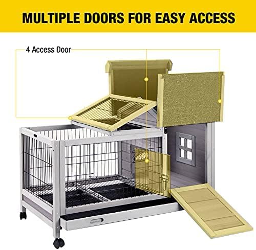 Aivituvin Wooden Rabbit Hutch with Removable Wire Floor Grid, Bunny Cage with Deeper Leakproof Tray 4 Wheels Include-PurrikoPets