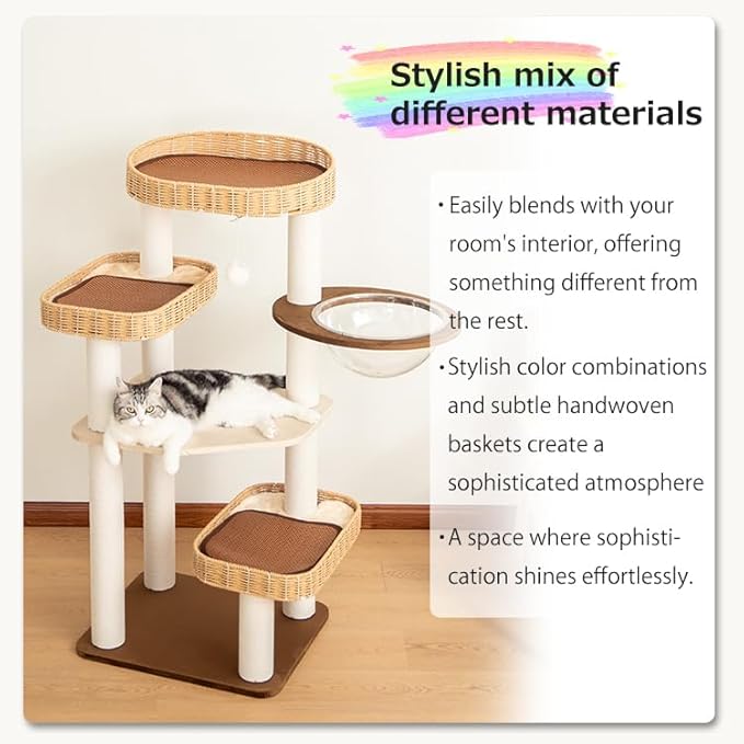 48'' Cat Tree for Large Cats, Modern Cat Tree Multi-Level Condo with Natural Wood, Cat Activity Centre for Medium and Big Pets-PurrikoPets