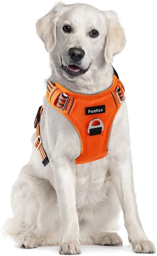 Funfox Dog Harness No Pull, Adjustable Pet Vest Harness, Super Soft Material with Vertical Handle Easy Control, Reflective Night Walking, 2 Leash Clips for XLarge Dogs, Orange, XL-PurrikoPets