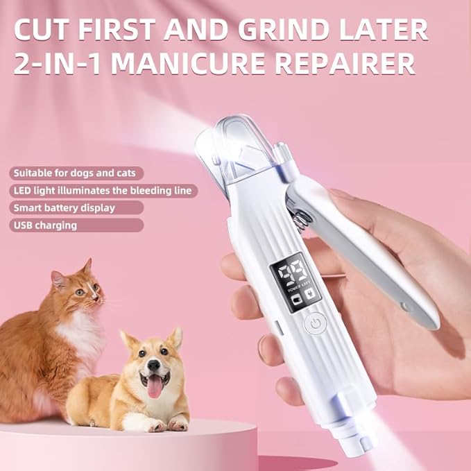 2-in-1 Dog Nail Trimmers & Dog Nail Grinder with 2 LED Lights, USB Rechargeable, Cat Nail Clipper with Splash Guard, and Multiple Grinding Methods for Small, Medium, and Large Dogs & Cats-PurrikoPets