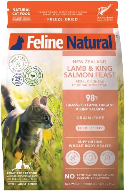 Feline Natural High Protein Dry Cat Food, Freeze-Dried Diet with 98% Meat, Organs & Seafood, No Peas, Grains, or Artificial Additives, Made in New Zealand, Lamb & King Salmon, 11oz-PurrikoPets