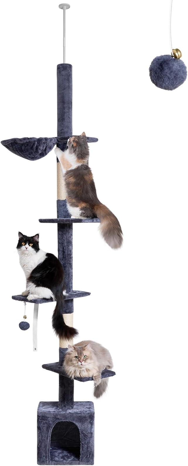 Floor to Ceiling Cat Tree, 5-Tier Height (95-109 inches) - Adjustable Cat Climbing Tower with Sisal Scratching Posts, Cat Condo, Hammock, Platforms, and Hanging Balls-PurrikoPets