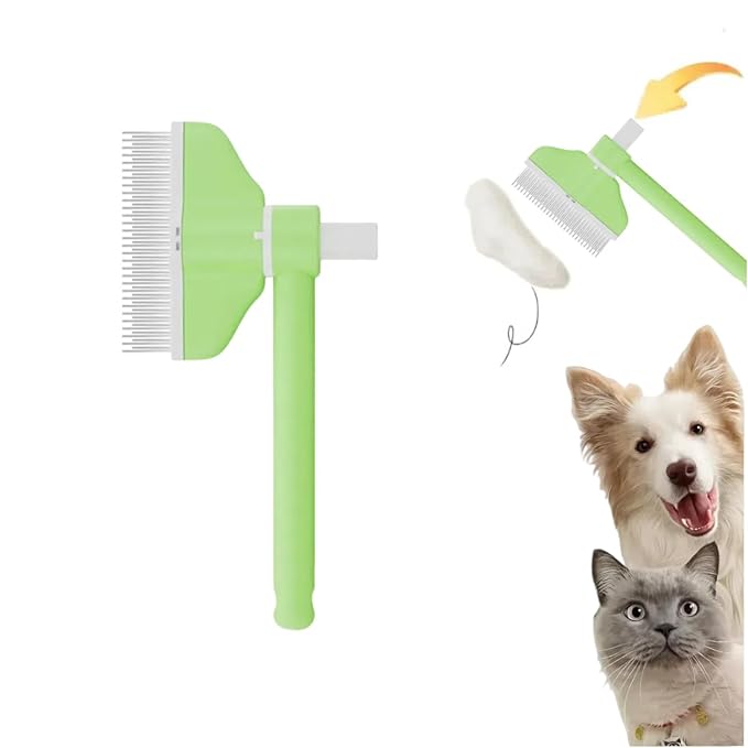 360° Press and Rotate Flea Comb for Cats and Dogs - Self-Cleaning Pet Hair Removal Tool with Release Button & Long-Short Stainless Steel Teeth for Shedding (Green)-PurrikoPets