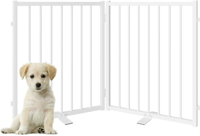 Full Metal Freestanding Dog Gate with Door, 24'' Height Foldable Pet Dog Fence for Indoor & Outdoor, 2 Panels Extra Wide Free Standing Small Dog Gates for Doorways,House,Stairs,Porch,Deck,Yard-PurrikoPets