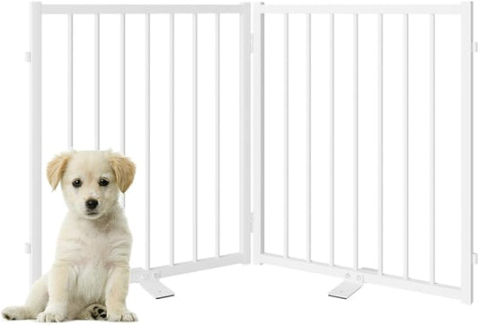 Full Metal Freestanding Dog Gate with Door, 24'' Height Foldable Pet Dog Fence for Indoor & Outdoor, 2 Panels Extra Wide Free Standing Small Dog Gates for Doorways,House,Stairs,Porch,Deck,Yard-PurrikoPets