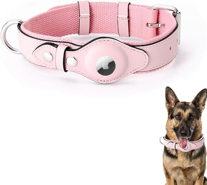 AirTag Dog Collar Soft Leather Webbing Dog Collar for AirTag Provides Double Protection for Small Medium and Large Dogs(Pink,L)-PurrikoPets