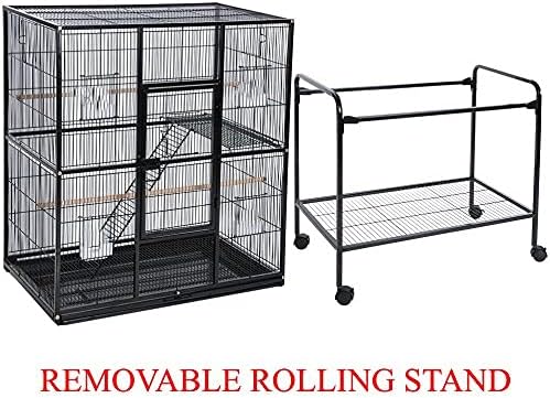 64" Extra Large Double Flight Bird Wrought Iron Double Cage Slide Out Center Divider Side Nesting Box Door Parrot Cage Cockatiel Conure with Removable Rolling Stand Storage Shelf-PurrikoPets