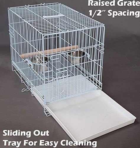 Durable Easy Portable Metal Travel or Veterinary Collapsable Parrot Bird Carrier Beaks Proof Cage with Stainless Steel Feeder Bowls Natural Wooden Perch Stand-PurrikoPets