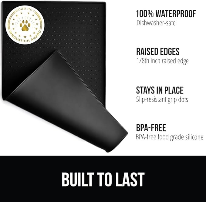 GORILLA GRIP 100% Waterproof Raised Edge BPA Free Silicone Pet Feeding Mat, Dog Cat Food Mats Contain Spills Protects Floors, Placemats for Cats and Dogs Water Bowl, Pets Accessories 16x10, Black-PurrikoPets