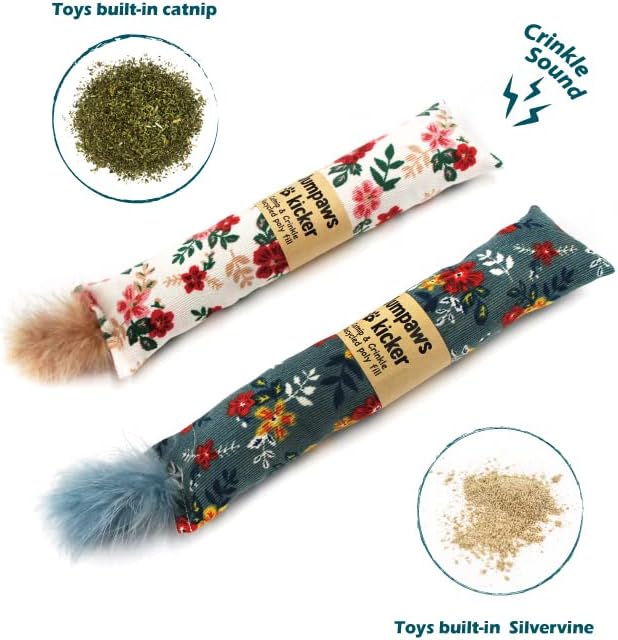 2 Pack Natural Interactive Catnip & Silvervine Cat Kicker with Feathers, Bite Resistant Chew Toy, Crinkle Kicker, Accessories for Indoor Cat, Premium Corduroy Floral-PurrikoPets