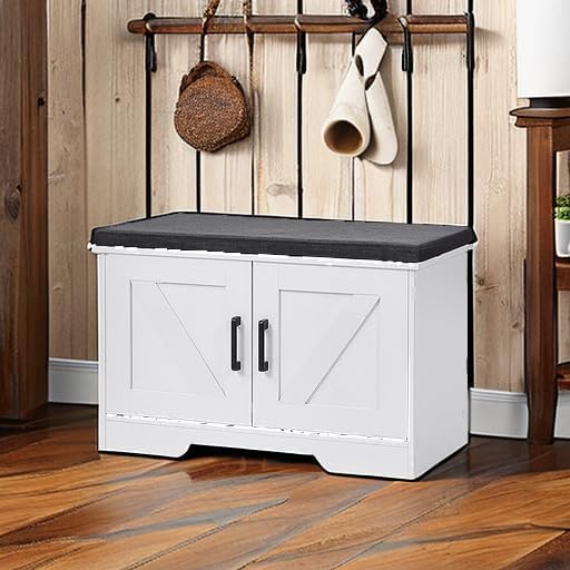 2-Tier Storage Bench, Shoe Bench with Padded Seat Cushion, Entryway Bench with 2 Barn Doors, Adjustable Shelf, 13.8" D x 27.6" W x 17.7" H, for Entryway, Living Room, Bedroom, White-PurrikoPets