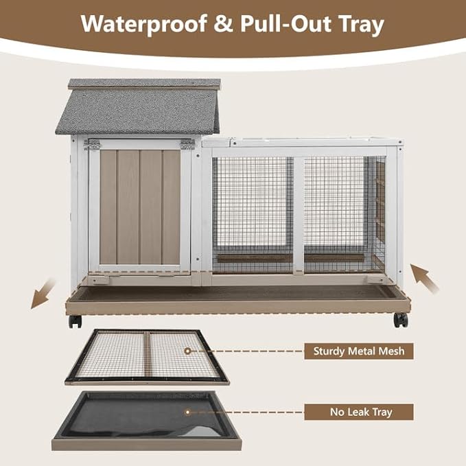 38''L Rabbit Hutch Outdoor Indoor with Wheels, Wooden Expandable 2 Story Bunny House Rabbit Cage with Run, Waterproof Roof, Pull Out Tray, Guinea Pig Cage Chicken Coop for Small to Medium Pets-PurrikoPets