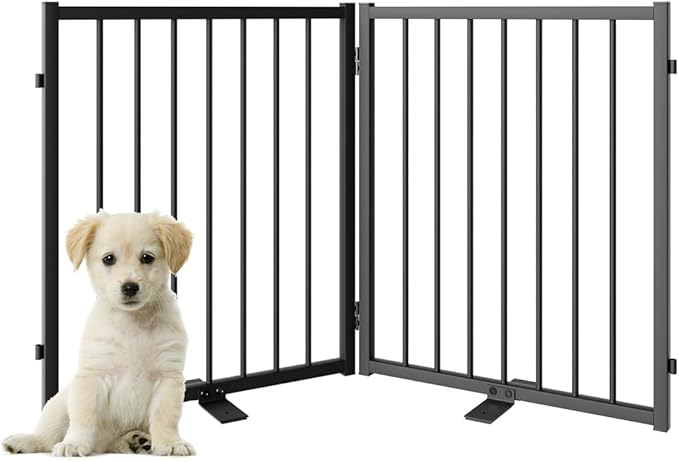 Full Metal Freestanding Dog Gate with Door, 24'' Height Foldable Pet Dog Fence for Indoor & Outdoor, 2 Panels Extra Wide Free Standing SmallDog Gates for Doorways,House,Stairs,Porch,Deck,Yard-PurrikoPets