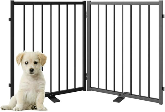 Full Metal Freestanding Dog Gate with Door, 24'' Height Foldable Pet Dog Fence for Indoor & Outdoor, 2 Panels Extra Wide Free Standing SmallDog Gates for Doorways,House,Stairs,Porch,Deck,Yard-PurrikoPets