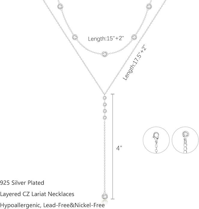Lariat Silver/Gold Necklace for Women 925 Silver/14K Gold Plated Dainty Long Necklace Y-Shaped Drop Pendant Necklaces Choker Trendy Chain Simple Layered Necklaces CZ Jewelry for Women Set Gift
