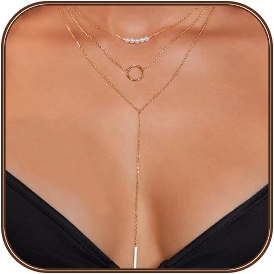Lariat Silver/Gold Necklace for Women 925 Silver/14K Gold Plated Dainty Long Necklace Y-Shaped Drop Pendant Necklaces Choker Trendy Chain Simple Layered Necklaces CZ Jewelry for Women Set Gift