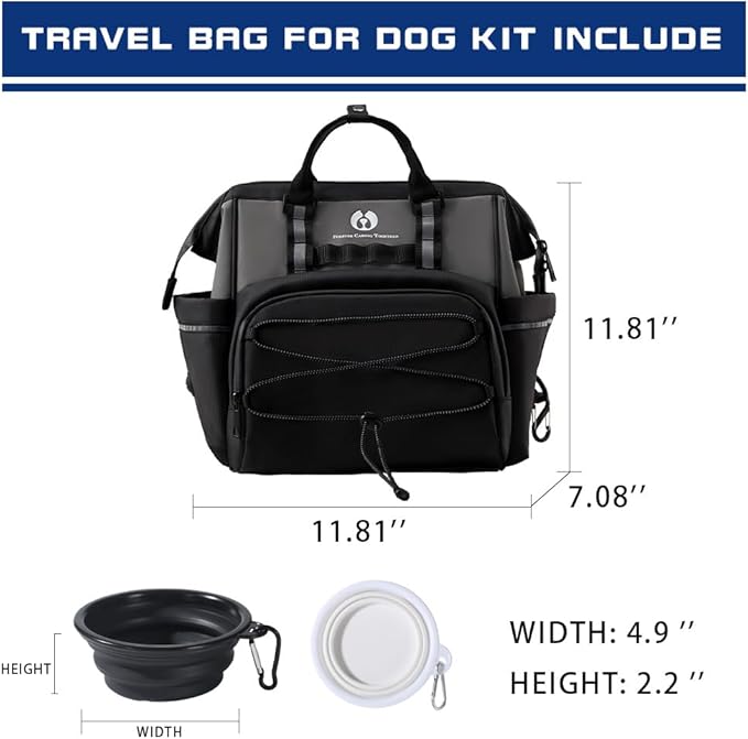 Dog Travel Bag, Airline Approved Pet Supplies Backpack, Dog Travel Backpack Accessories Set with 2 Silicone Collapsible Bowls and 1 Leash Clip for Camping, Road Trips & Weekends Away（Black）-PurrikoPets