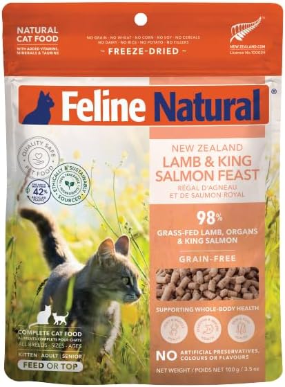 Feline Natural High Protein Dry Cat Food, Freeze-Dried Diet with 98% Meat, Organs & Seafood, No Peas, Grains, or Artificial Additives, Made in New Zealand, Lamb & King Salmon, 3.5oz-PurrikoPets