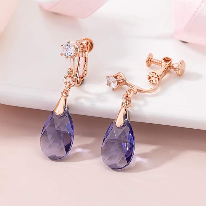 Teardrop Austrian Crystal Drop Clip On Dangle Earrings for Women Non Pierced 14K Rose Gold Plated Hypoallergenic Jewelry