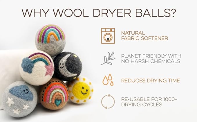 Fluff Ewes Wool Dryer Balls 6 Pack Premium New Zealand Wool Laundry Balls for Dryer, No Static Dryer Balls Laundry Reusable, XL Wool Dryer Balls Cute, Baby Dryer Balls for Dryers - Rainbow or Shine-PurrikoPets