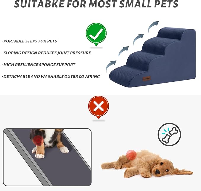 4-Step Dog Stairs and Ramp for Beds or Couches,Non-Slip Sturdy Pet Steps for Small Dogs and Cats,17.4" H,Blue-PurrikoPets