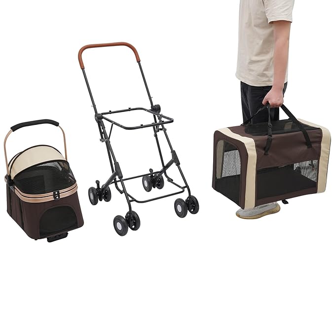 Double Pet Stroller with Detachable Carriers, Large Cat & Dog Stroller with 4 Wheels, Foldable Pet Strollers Small & Medium Dogs Cats 77lbs (Coffee Color)-PurrikoPets