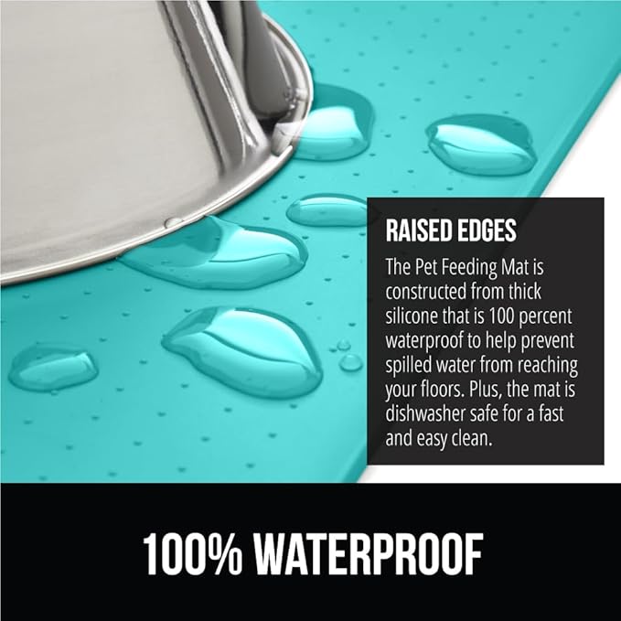 GORILLA GRIP 100% Waterproof Raised Edge BPA Free Silicone Pet Feeding Mat, Dog Cat Food Mats Contain Spills Protects Floors, Placemats for Cats and Dogs Water Bowl, Pets Accessories 23x15 Turquoise-PurrikoPets