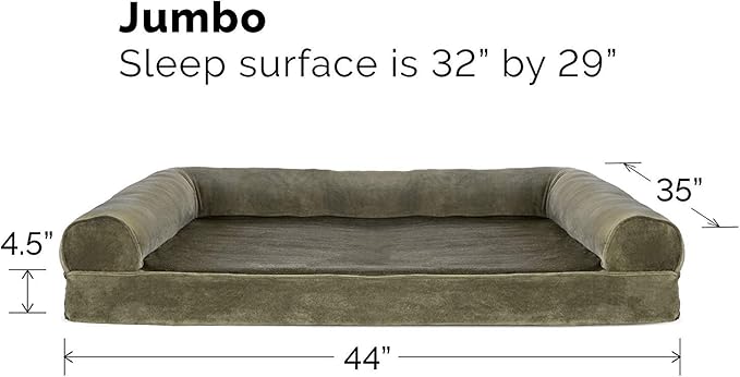 Furhaven Orthopedic Dog Bed for Large Dogs w/ Removable Bolsters & Washable Cover, For Dogs Up to 95 lbs - Faux Fur & Velvet Sofa - Dark Sage, Jumbo/XL-PurrikoPets
