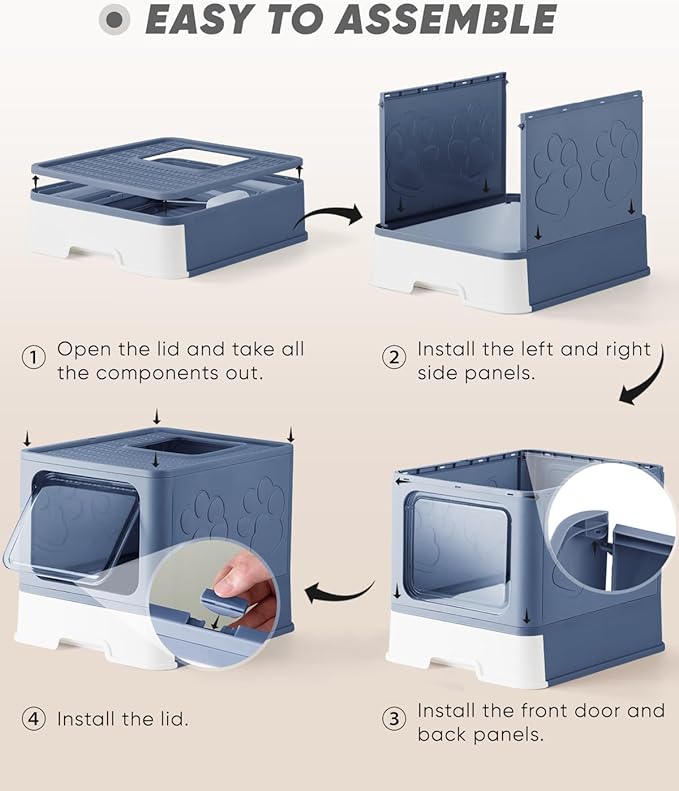 Enclosed Cat Litter Box, Large Litter Box for Big Cats, Covered Kitty Litter Boxes with Lid, Top Entry Cat Box Enclosure with Scoop, Odor Control, Easy to Clean(Blue)-PurrikoPets